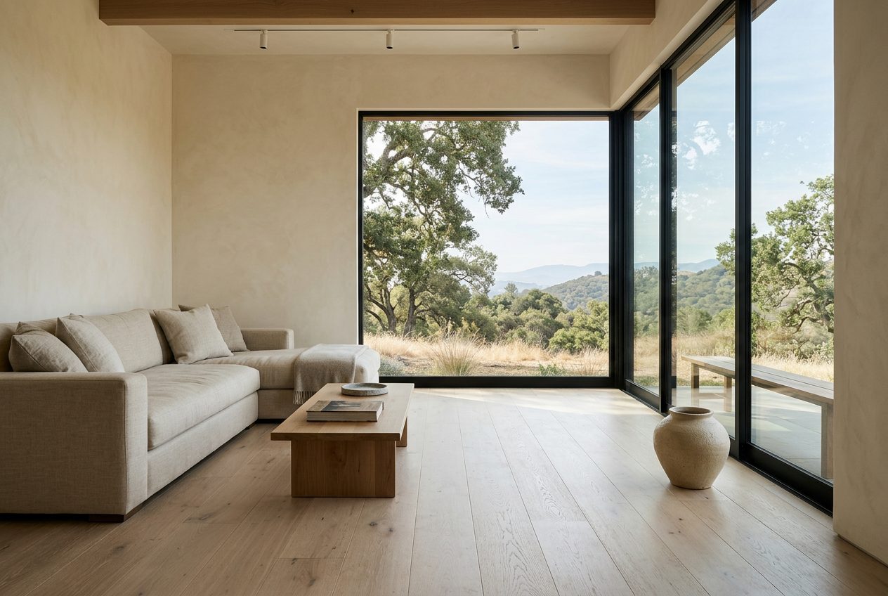 A calm living room with wide white oak floorboards, limewashed plaster walls, a linen sofa and oak table, and floor-to-ceiling black-framed windows onto oak-covered hills.