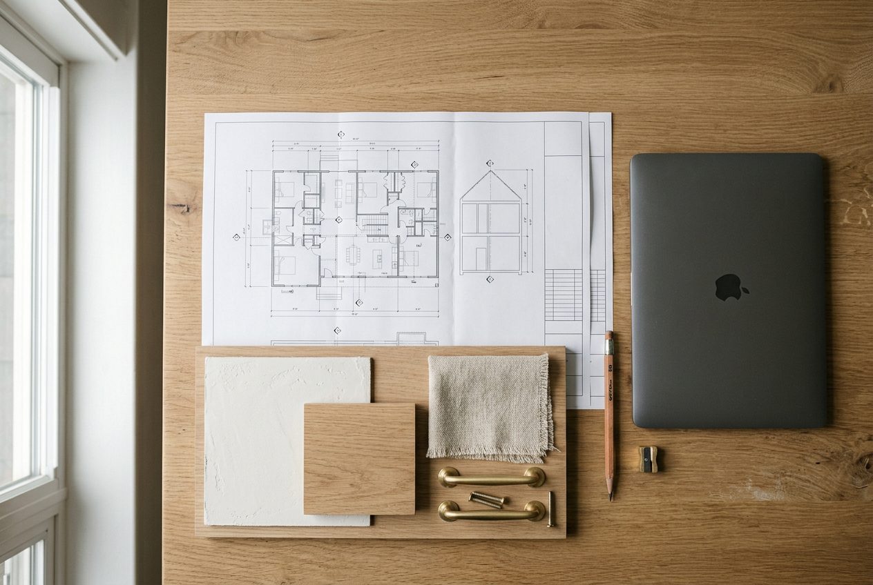 Architectural floor plans spread on a desk with a scale ruler, pencils, a laptop showing a plan, and samples of white oak, stone, plaster and tile.